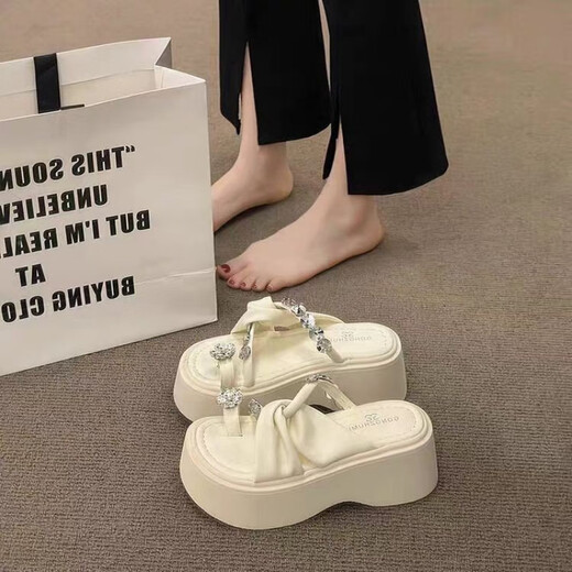 Belle pedal sponge cake thick-soled heightened toe slippers for women in summer wear 2025 new fairy Feng Shui Rhinestone Beach High Heel Sandals Black 35