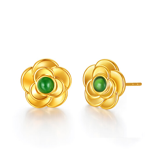 Ming Diamond International 18K Gold Jade Camellia Earrings Women's au750 Earrings Fashion Inlaid Earrings for Girlfriend's Birthday Gift