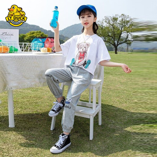 G.duck女童夏装套装时尚洋气儿童女大童夏季12到15岁时髦女孩两件套夏款 白色 上衣+灰色裤子674 130