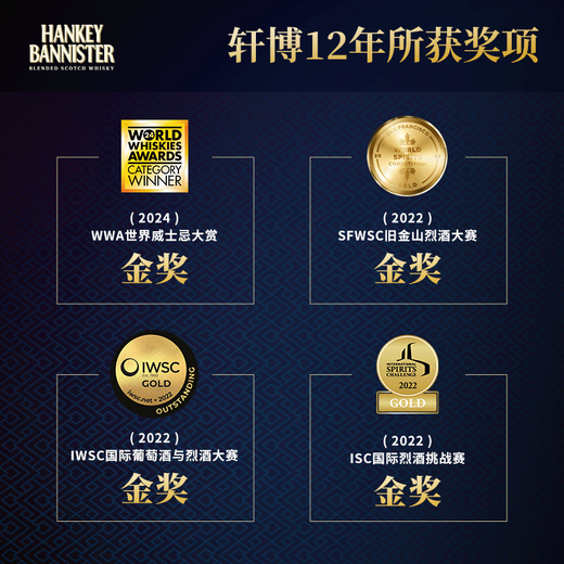轩博（HANKEY BANNISTER）苏格兰 调和型威士忌 入门  英国原装进口酒水洋酒 送礼 橡木桶 调配威士忌 12年 700ml 1瓶