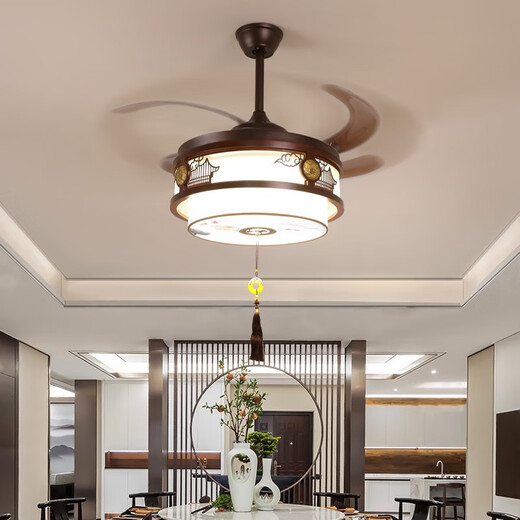 
New Chinese fan chandelier bedroom living room solid wood invisible home Chinese style retro fan frequency conversion restaurant chandelier 9898 three-color 48-inch DC frequency conversion pure copper