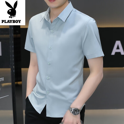 Playboy (PLAYBOY) pure cotton non-wrinkle shirt in summer new style for men's short-sleeved business casual formal wear cool feeling anti-wrinkle clothes White 910 short-sleeved XL 125-140Jin[Jin equals 0.5 kg]