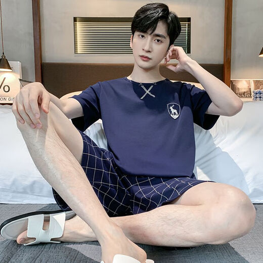 珍韵缘睡衣男士夏季短袖短裤棉质青少年简约夏背心大码中年家居服套装 9922 均码 男士L码(适合95120斤)