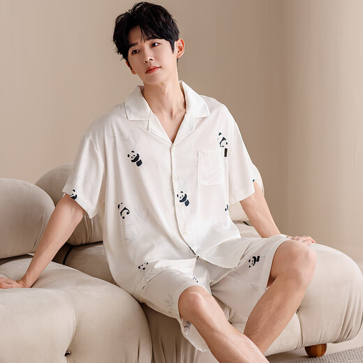 Catman Ice Silk Couple Pajamas Men's Summer Thin Women's Short-Sleeved Cool Cardigan 2025 New Style Can Be Weared Outside Home Clothes