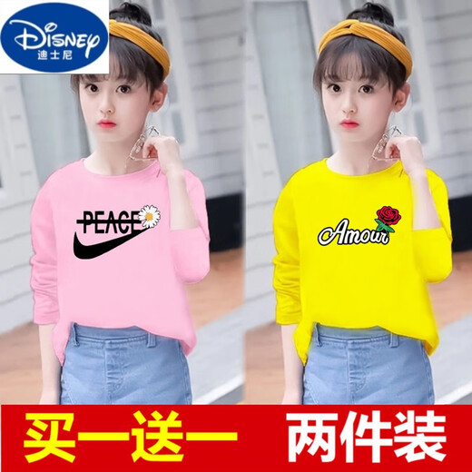 迪士尼（Disney）品牌童装两件装女童长袖T恤洋气春秋新款童装儿童宽松打底衫中大 白色695+黑色725 140 【50-60斤左右】