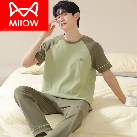 猫人（MiiOW）男士睡衣男款夏季纯棉短袖长裤薄款夏天青少年家居服套装 F 13603 L
