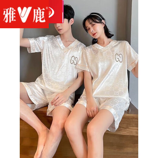 Yalu Couple Silk Pajamas Summer des femmes à manches courtes pour femmes Grande taille 200 Jin [Jin équivaut à 0,5 kg] Été Vêtements à domicile pour hommes Ice Silk Thin Style 6 688 # -4 Double G Black Jacquard M Goddess + Dieu masculin L L
