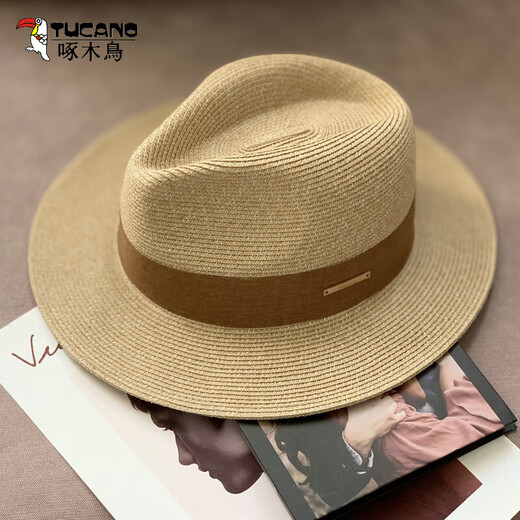Woodpecker (Tucano) Panama Paille Chapeau Men Big Head Swing Sun Sun Chat UV Paille du soleil Protection du soleil Jazz Paille Hat Universal Men and Women All-Match Khaki Brown M54 ~ 57 cm (Envoyer une corde à l'épreuve du vent)