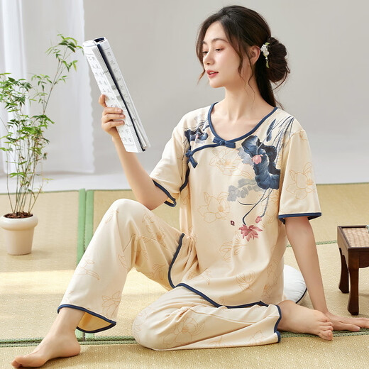 
Light Yilin Women's Short Sleeve Pajama Set Summer Thin Trousers Summer New Chinese Style Imitation Cotton Home Clothing Can Be Wear Outside l9903 M (Suggested 75-95Jin [Jin equals 0.5 kg])