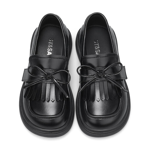 Saturday (St&Sat) Children's Shoes Girls Princess Shoes 2025 Spring and Summer New Little Girls Black Soft Sole Leather Shoes Tassel Children's Shoes Classic Black 37 Inner Length Approximately 23.3cm