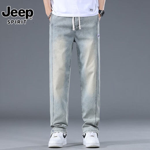 JEEP SPIRIT牛仔裤男夏季薄款2025新款松紧腰阔腿复古潮牌宽松直筒百搭长裤子 9909复古蓝 M 建议【90-110斤】