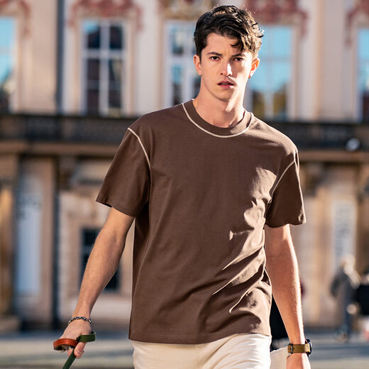 Mr. Bu Bu silhouette design short-sleeved T-shirt for men 2024 spring and summer new American casual and fashionable simple GT15265 Cigarette L (175)