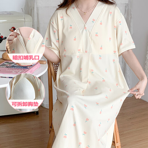 欧鹿汐夏天哺乳睡裙短袖产妇月子服带胸垫大码孕妇睡衣长款待产裙喂奶衣 SSY16803 XL码建议体重120-135斤