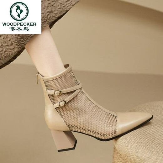 Woodpecker leather hollowed-out boots for women breathable mesh spring and autumn short boots high heel thick heels with skirt pointed toe summer temperament mesh boots for women black 37 standard size