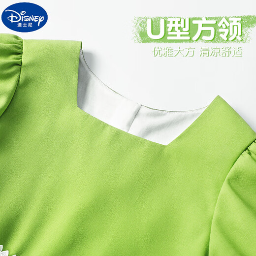 迪士尼（Disney）女童连衣裙夏季儿童方领泡泡袖A字裙2025新款大童女孩公主裙长裙 GBD13897X绿 110 cm 身高100-110cm年龄4-5岁