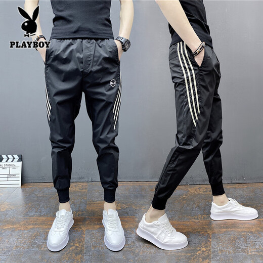 花花公子（PLAYBOY）2025新款哈伦裤男士春秋季九分休闲速干卫裤潮牌修身束脚裤 黑色二杠 33