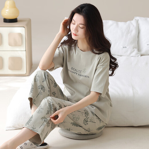 莫代尔全棉女士睡衣套装夏季棉短袖卡通长裤韩版家居服可外穿夏天 Y9713 M (建议75-95斤)
