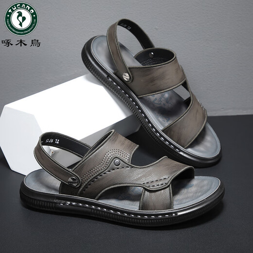 啄木鸟男士凉鞋男夏季2025新款真皮拖鞋休闲男鞋外穿开车沙滩皮凉拖两穿 9715 灰色 升级款 37