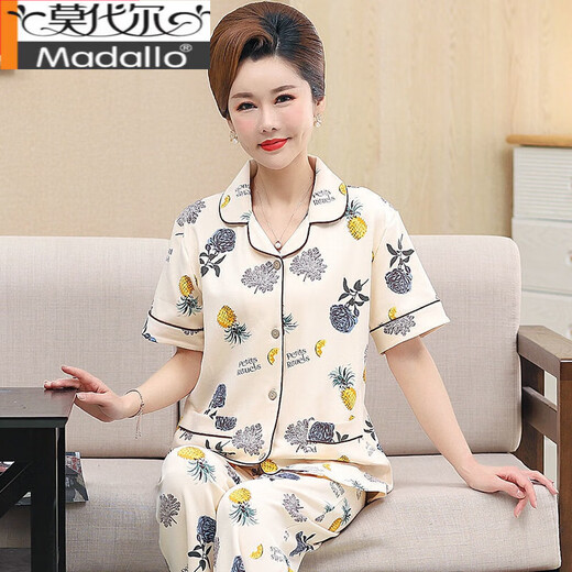 莫代尔中老年人妈妈睡衣女夏季纯棉短袖长裤中年女士开衫套装薄款家居服 YR9929 XL 【建议115-135斤】