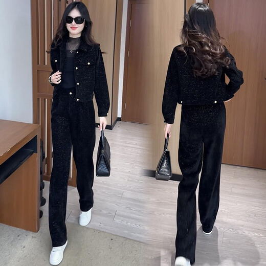 路蝶 ROAD BUTTERFLY洋气减龄运动服套装女2025深春时尚小个子显高短外套阔腿裤两件套 6198#黑色春秋款 均码 m建议100斤内