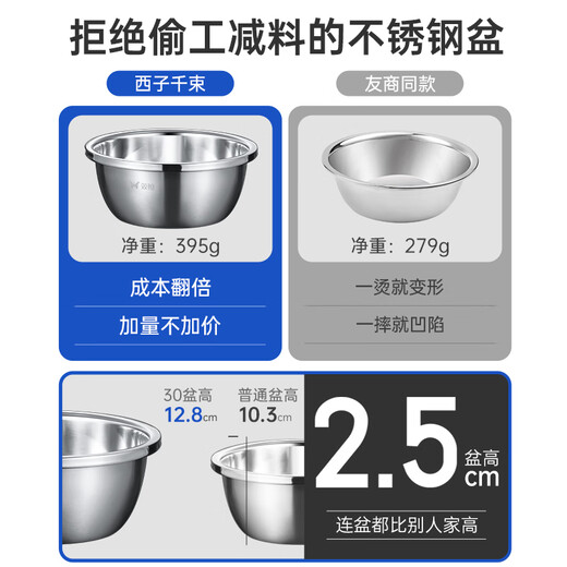 Double-gun 304 stainless steel basin and basin for home kitchen thickened egg-washing drain basket leaky basin soup basin iron basin 24cm single basin for serving vegetables and washing vegetables