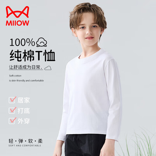 Catman children's T-shirt for boys and girls, autumn and winter round neck pure cotton white T-shirt for medium and large children, casual and versatile long sleeves