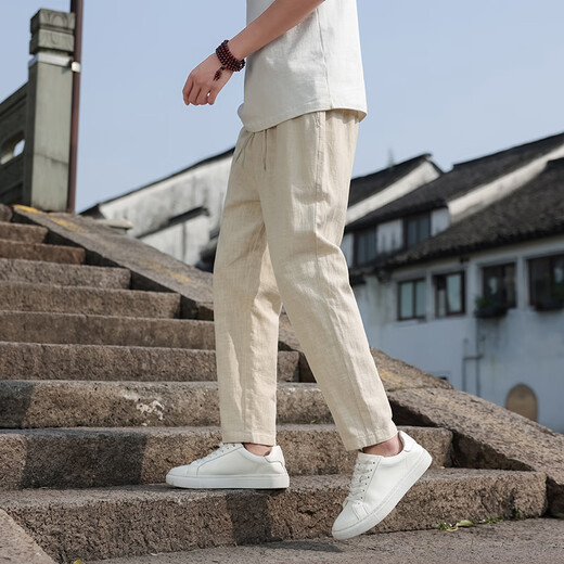 月伊纺夏季新款亚麻休闲裤男士潮流百搭九分裤子新中式中国风男装哈伦裤 灰色 薄款 -卡码拍大 3XL