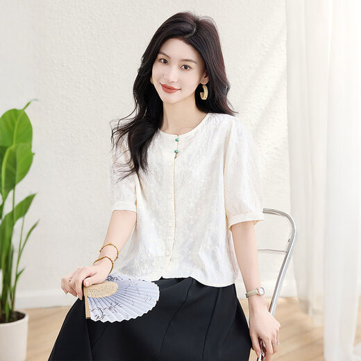 
Cypress House round neck shirt 2025 summer new women's simple embroidered retro short-sleeved literary top