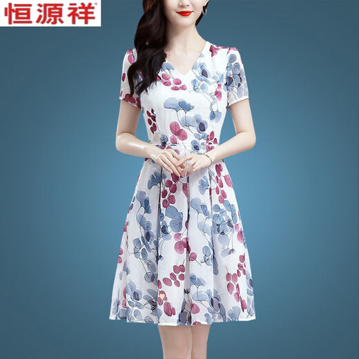 恒源祥冰丝碎花连衣裙中长款2025新款洋气印花中老年妈妈装显瘦裙子 冰丝9904裙 3XL 135-150斤