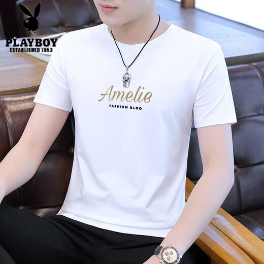 花花公子（PLAYBOY）t恤男士短袖新款男装冰丝夏季速干薄款半袖上衣服夏装体恤衫 D1416白色 M 100斤-110斤
