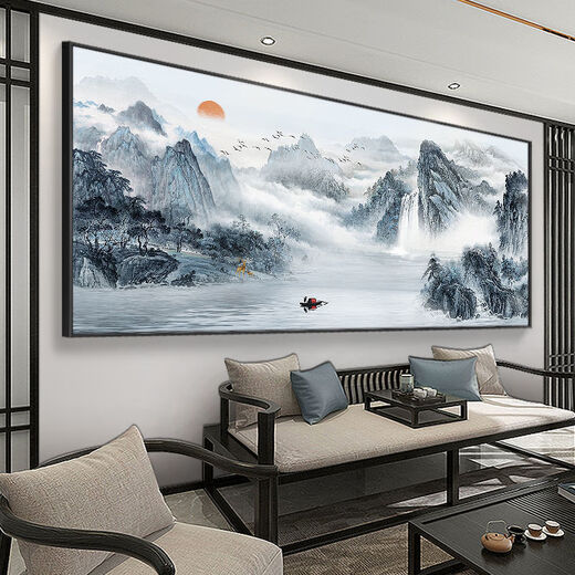 新中式客厅沙发背景墙壁画3D立体装饰画办公室山水国画风景挂画 CT-3887-背有靠山 300*120亮面晶瓷黑色铝框