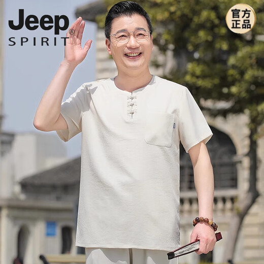 JEEP SPIRIT唐装男中老年夏季短袖爸爸夏装中国风套装60岁70老人爷爷休闲衣服 2024深灰色立领上衣+长裤2025 XL 41 （体重135~150斤）