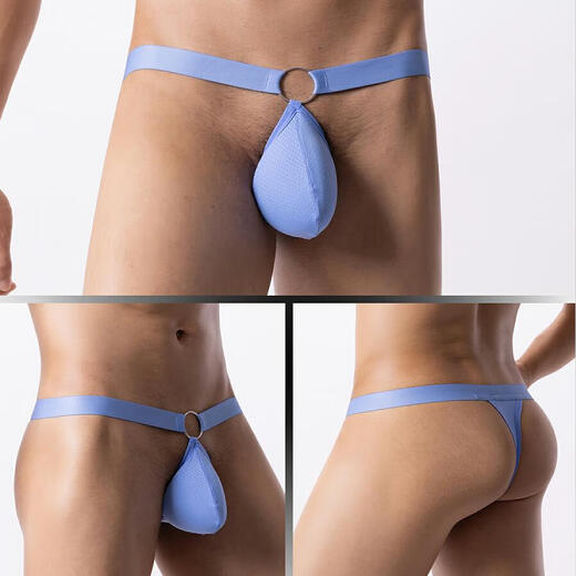 European, American, Japanese and Korean GAY bodybuilding men's low-waist underwear head sex toy sexy mesh breathable thong E092B light blue XL