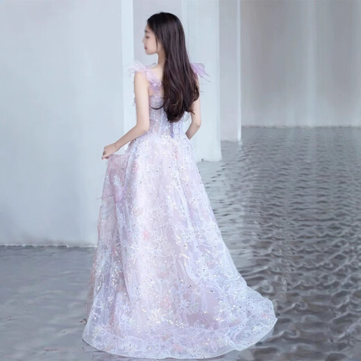 Pink and purple princess dress with straps and evening gown for students coming of age, fairy art test, vocal piano performance costume, pink and purple M