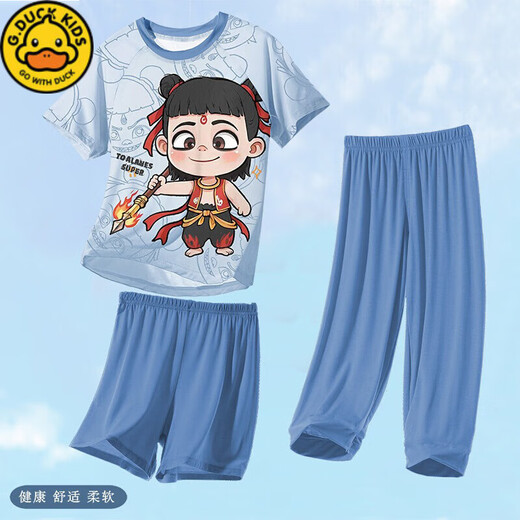 G.DUCKKIDS小黄鸭2025夏季新款卡通哪咤敖丙睡衣男童短袖短裤儿童男孩家居服 12353#三件套 170 10码【身高110-120CM体重45