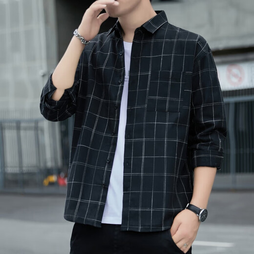 American plaid shirt jacket men 2024 spring and autumn style trendy long sleeve men youth relaxation K12108 white M