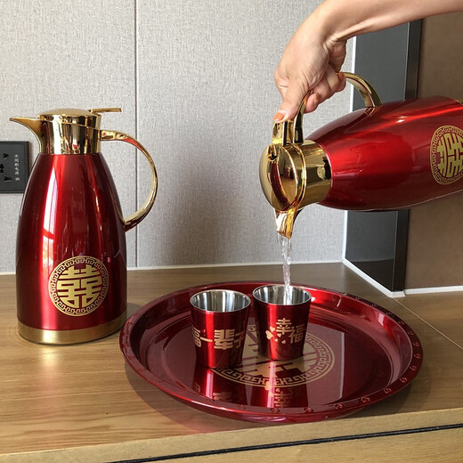 Olla térmica, dote de boda, un par de olla térmica de boda, tetera roja, botella de termo, 304 hogar de acero inoxidable, olla a prueba de polvo, yuanxi 1 maceta + 4 tazas + 1 14101ml
