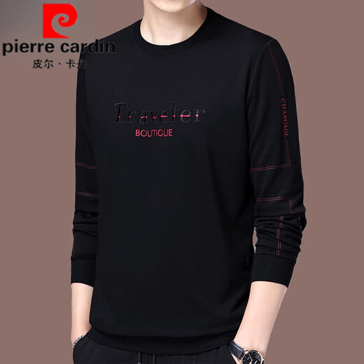 Pierre Cardin brand men's long-sleeved t-shirt pure cotton 2025 new tops spring and autumn round neck sweatshirt men's autumn bottoming shirt men A31 gray velvet thickened L 170 recommended 120-140Jin Jin equals 0.5 kg