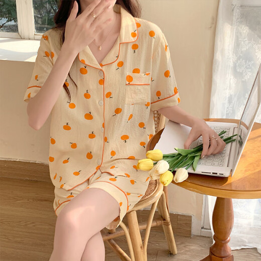 HUALIN FASHION夏季粉花泡泡袖短袖可爱薄款家居服套装 zd-673#杏色爱心 180 XL