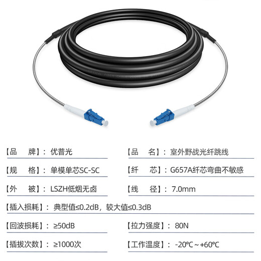 优普光 电信级野战光缆单模双芯lc-lc-sc-fc-st光纤跳线分支铠装室外光纤线 拉远铁塔基站通信尾缆 野战单模单芯LC-LC（可定制） 10米
