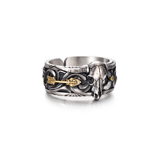 IDEAGEMER925 Silver Arrow Skull Gold Foil Ring Men's Trendy Niche Design Retro Handsome Versatile Ring Accessories Retro Skull Ring Opening No. 19-21
