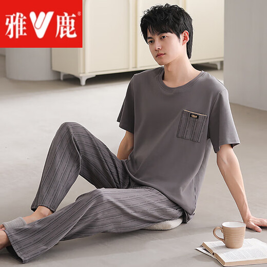雅鹿可外穿纯棉男士睡衣男款夏季短袖大码棉男生家居服套装 G12014 XL