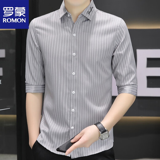 Romon Summer Summer Silk Quarter manga Camisa de la manga de la altura corta de manga corta para hombres Camisa de hombres delgada