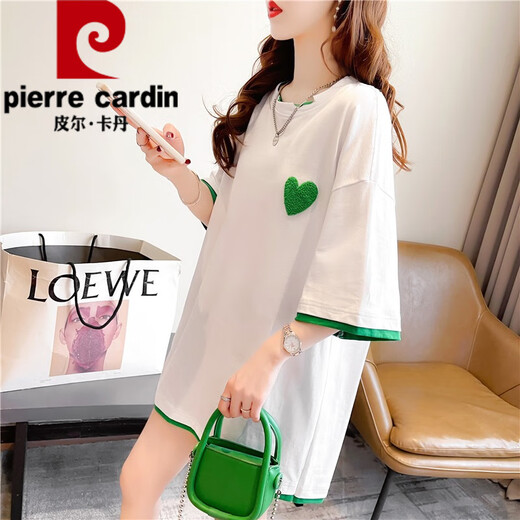 皮尔卡丹（pierre cardin）夏季假两件短袖t恤女纯·棉宽松刺绣上衣设计感中长款ins潮大尺码 1502蓝色 印花纯·棉 XL 140-165斤
