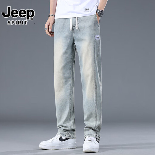 JEEP SPIRIT牛仔裤男夏季薄款2025新款松紧腰阔腿复古潮牌宽松直筒百搭长裤子 9909复古蓝 M 建议【90-110斤】