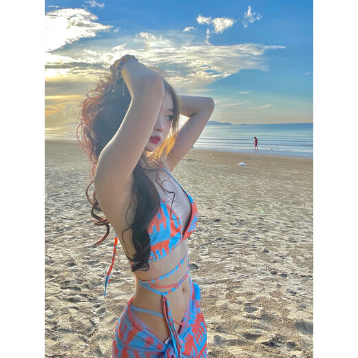 CEENIU Swimsuit Women's Bikini Summer Covers Flesh, Looks Thin and Sexy Pure Lust Style Internet Celebrity Style Split Three-piece Set Sanya Holiday Style Orange Blue (Three-piece Set) L Recommendation 100-115