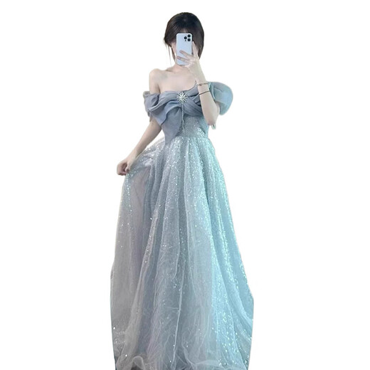 
Women's Banquet One-Shoulder Evening Dress Women's Banquet Temperament Light Luxury Niche High-end Host Art Exam Adult Gift Puffed Garnish Skirt Women Picture Color L