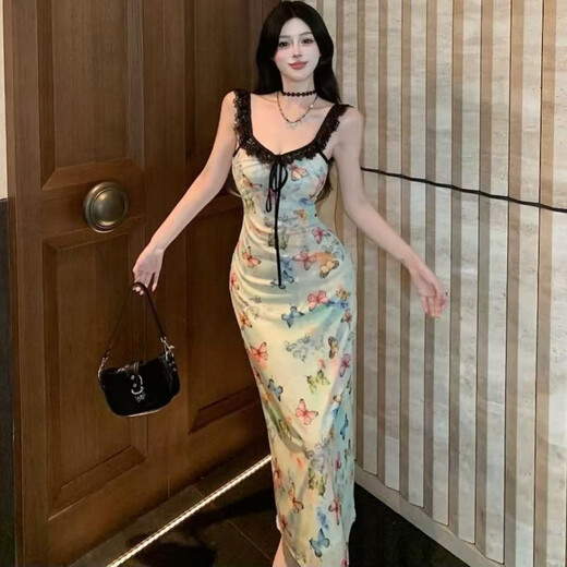 荣西图蝴蝶印花吊带连衣裙甜辣收腰夏季新款 短款【6628#】 M