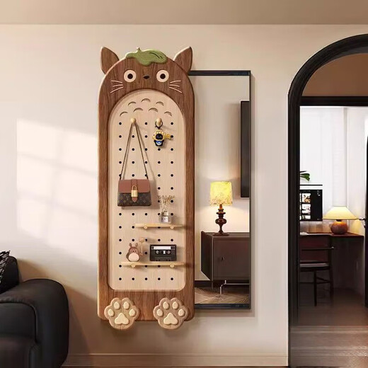 聚驰中古风龙猫隐藏式全身镜子洞洞板玄关装饰画转角隐形推拉穿衣镜画 A款：洞洞板镜子+精雕+金铝合金框 画41*118镜35*100+左推拉
