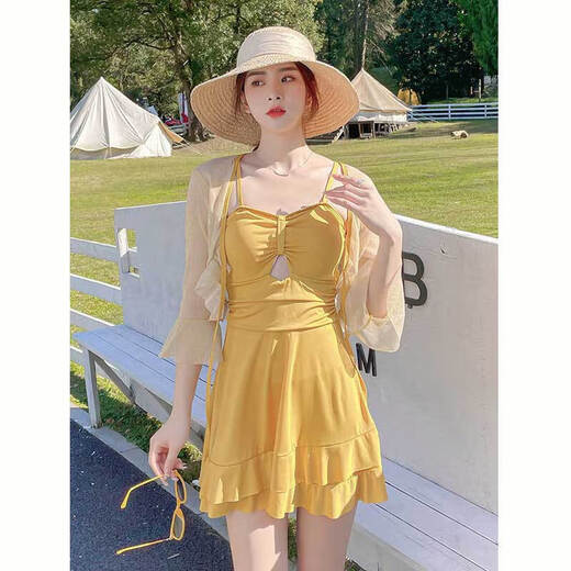 Yuyaman one-piece swimsuit for women in hot springs with blouse, two-piece skirt style, conservative belly covering, slimming, sun protection, beach vacation, yellow with blouse, one size fits all